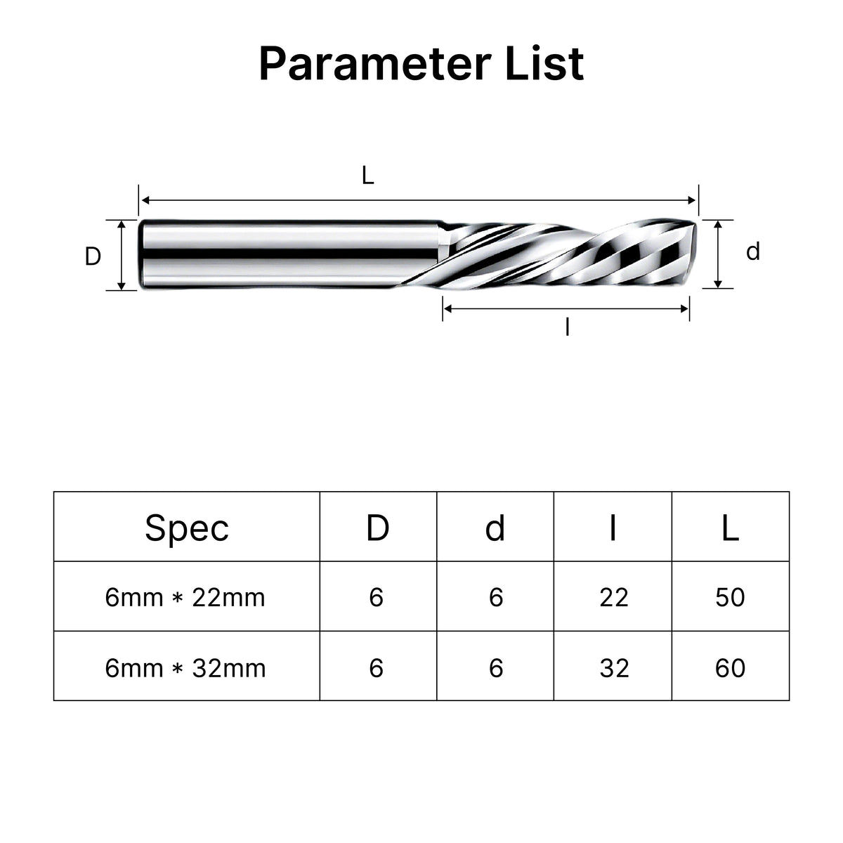 Size chart and specifications for MAXMAKE 6mm shank single flute spiral end mills.