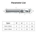 Size chart and specifications for MAXMAKE 6mm shank single flute spiral end mills.