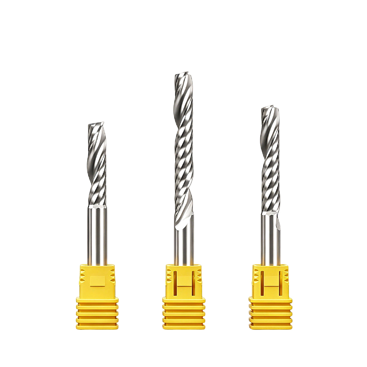 Three solid carbide 6mm single flute CNC router bits standing upright.