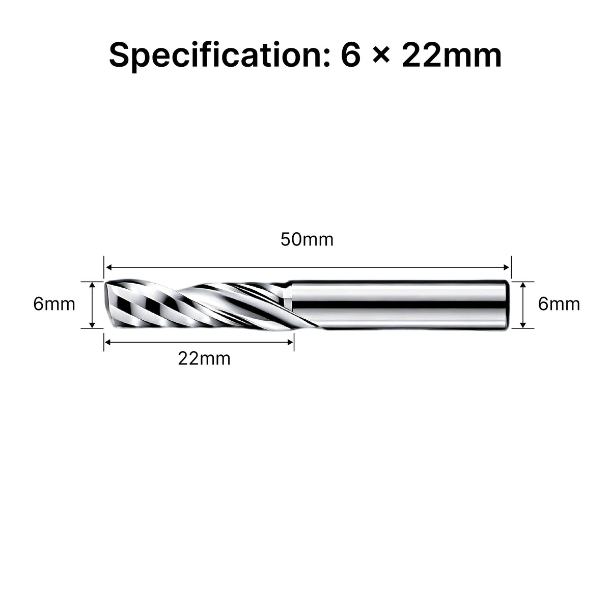 Dimensional drawing of the 6mm single flute end mill, showing a 22mm cutting length and 50mm overall length.