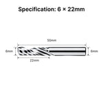 Dimensional drawing of the 6mm single flute end mill, showing a 22mm cutting length and 50mm overall length.