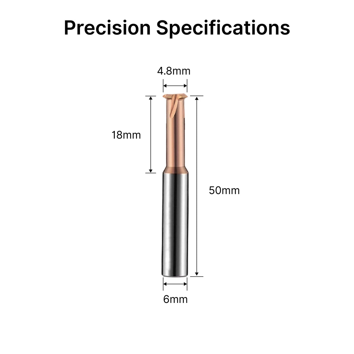Dimensional drawing of the 6mm shank thread mill showing a 4.8mm cutting diameter and 18mm flute length.