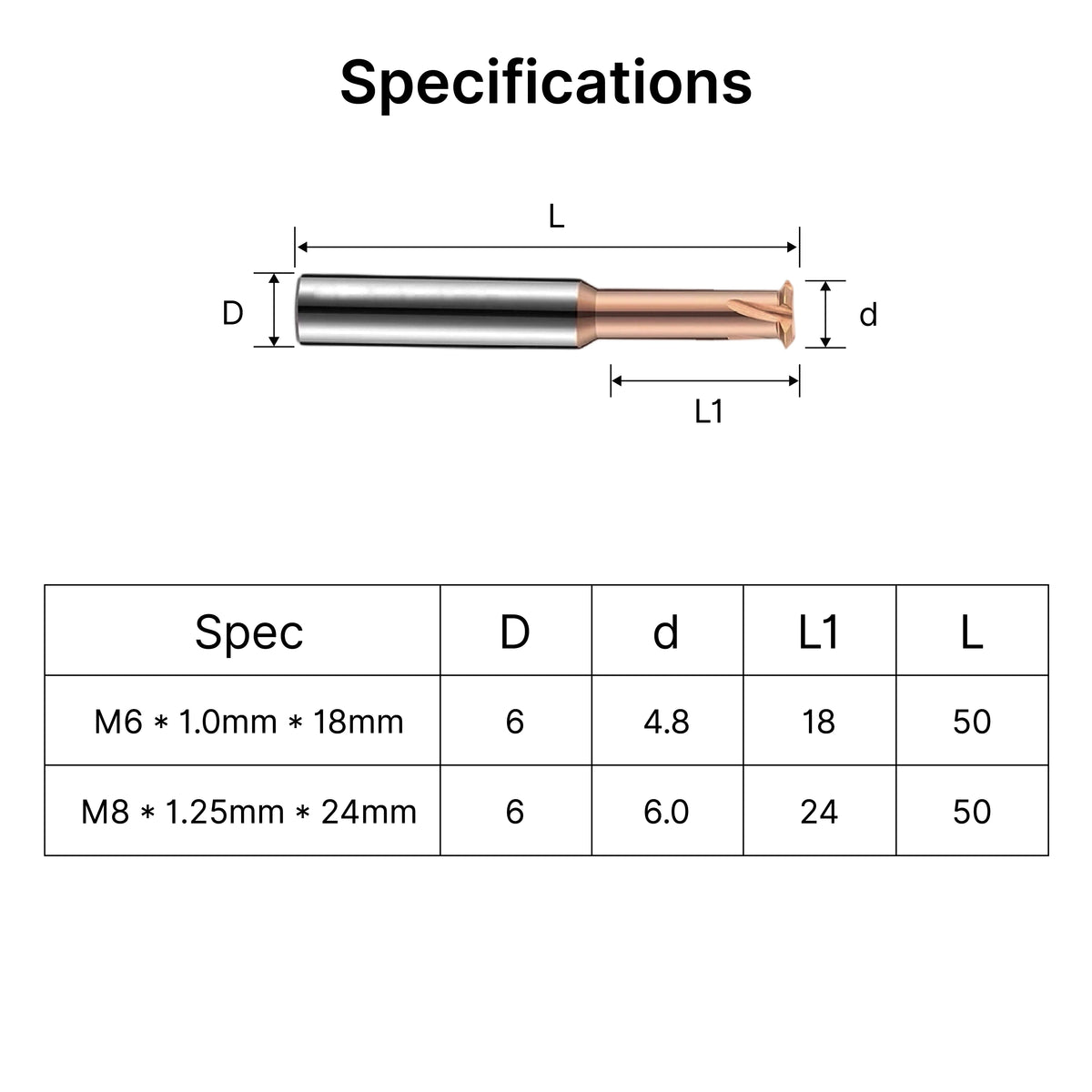 Specifications and size chart for MAXMAKE 6mm shank thread mills, showing M6 and M8 thread sizes.