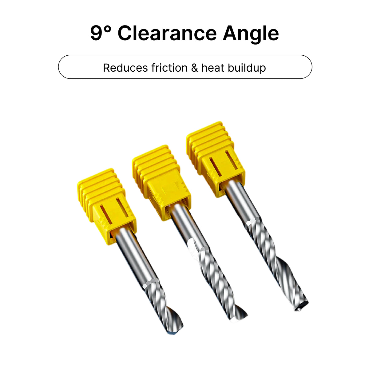 6mm single flute end mill featuring a 9-degree clearance angle to reduce friction and heat buildup during CNC machining.