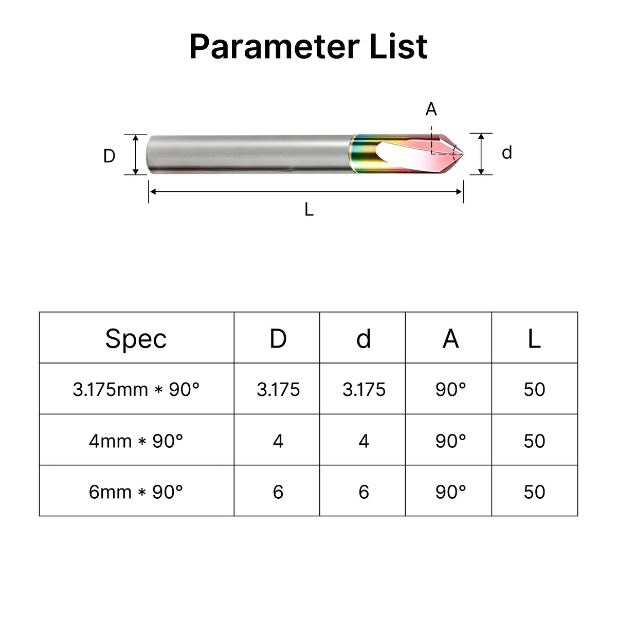 Specifications and size chart for MAXMAKE 90-degree chamfer mills in 3.175mm, 4mm, and 6mm shanks.