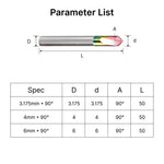 Specifications and size chart for MAXMAKE 90-degree chamfer mills in 3.175mm, 4mm, and 6mm shanks.