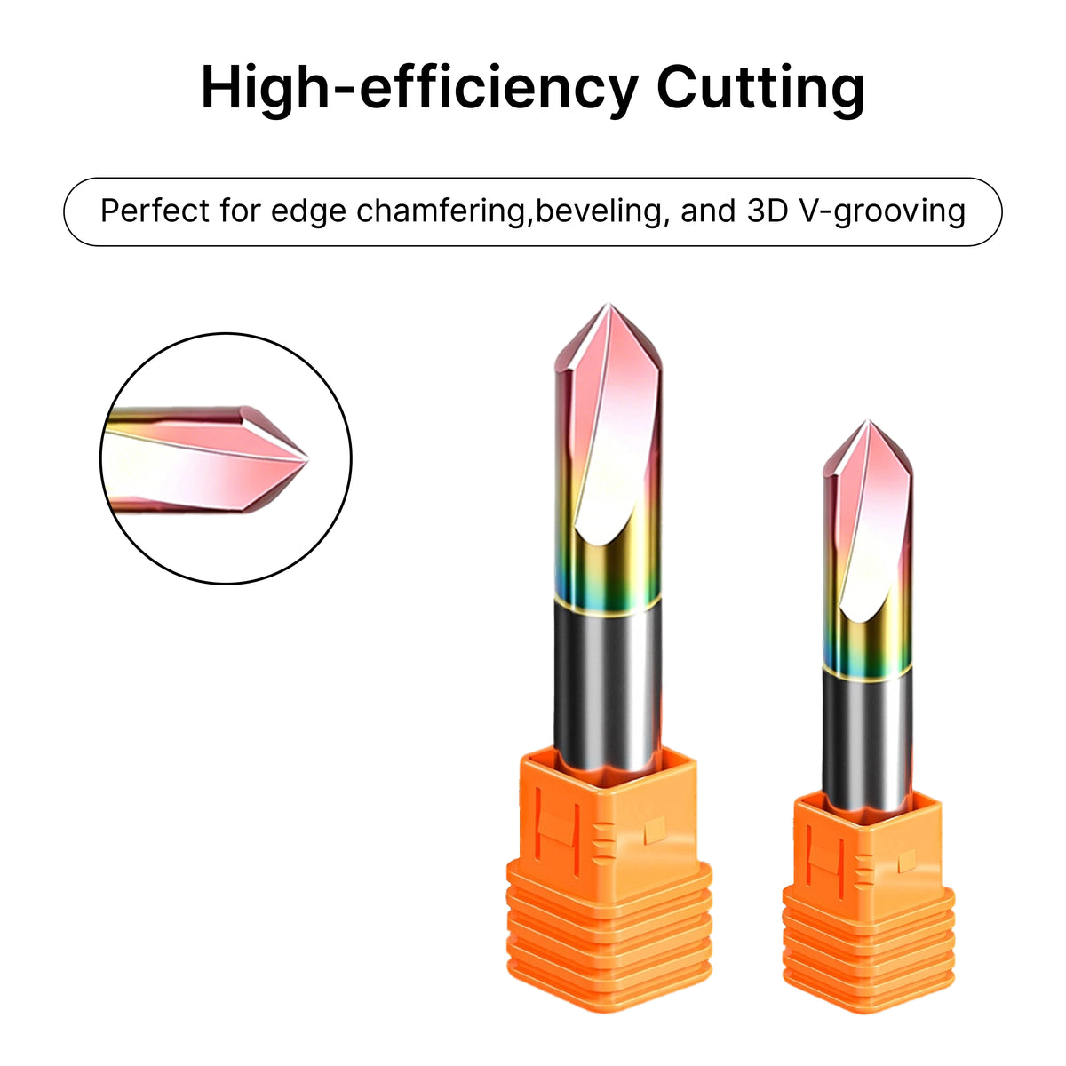 Close-up of the rainbow coated V-groove bit, perfect for edge chamfering, beveling, and 3D V-grooving.
