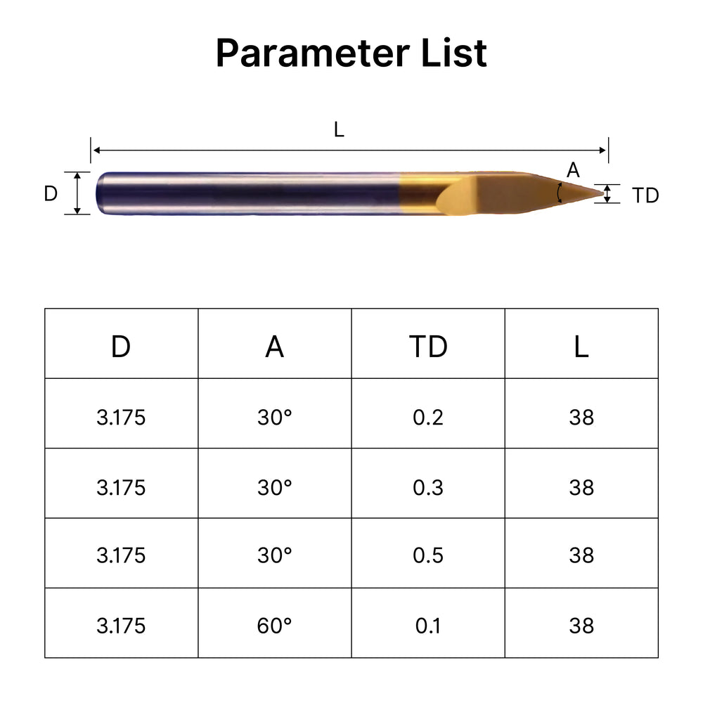 Coated V-Bits for Metal: 30°/60° Degree 1/8" Shank Carbide Flat Bottom Engraving Bits Technical Specifications List.