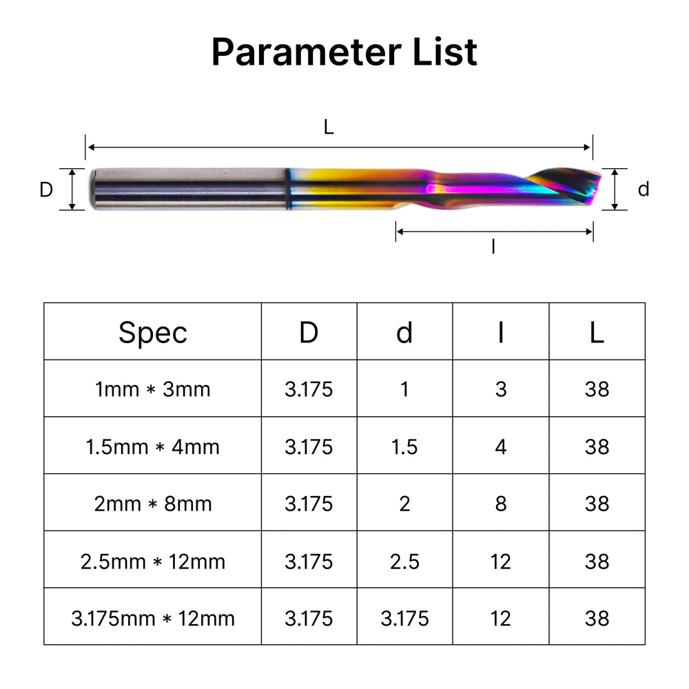 Coated Single Flute Spiral End Mill for Metal & Aluminum, 1/8" Shank CNC Bits Specs (1mm-3.175mm Diameter)