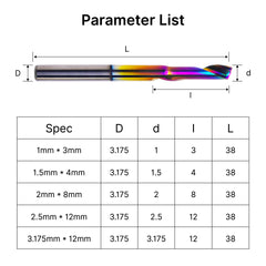 Coated Single Flute Spiral End Mill for Metal & Aluminum, 1/8" Shank CNC Bits Specs (1mm-3.175mm Diameter)