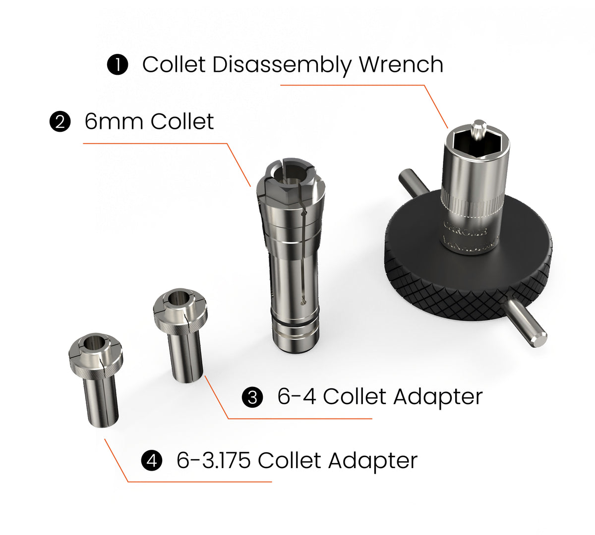 High-precision spindle collet and 4mm/1/8 inch adapters.