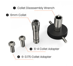 High-precision spindle collet and 4mm/1/8 inch adapters.
