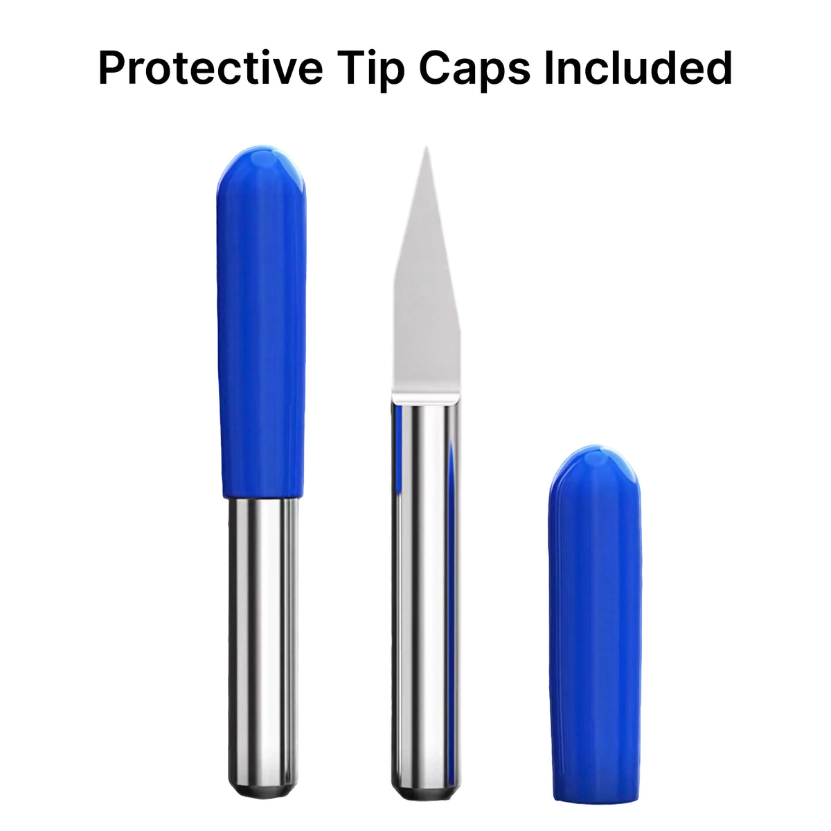 4mm flat bottom engraving bits shown with included blue protective tip caps to prevent damage during storage and transit.
