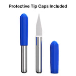 4mm flat bottom engraving bits shown with included blue protective tip caps to prevent damage during storage and transit.