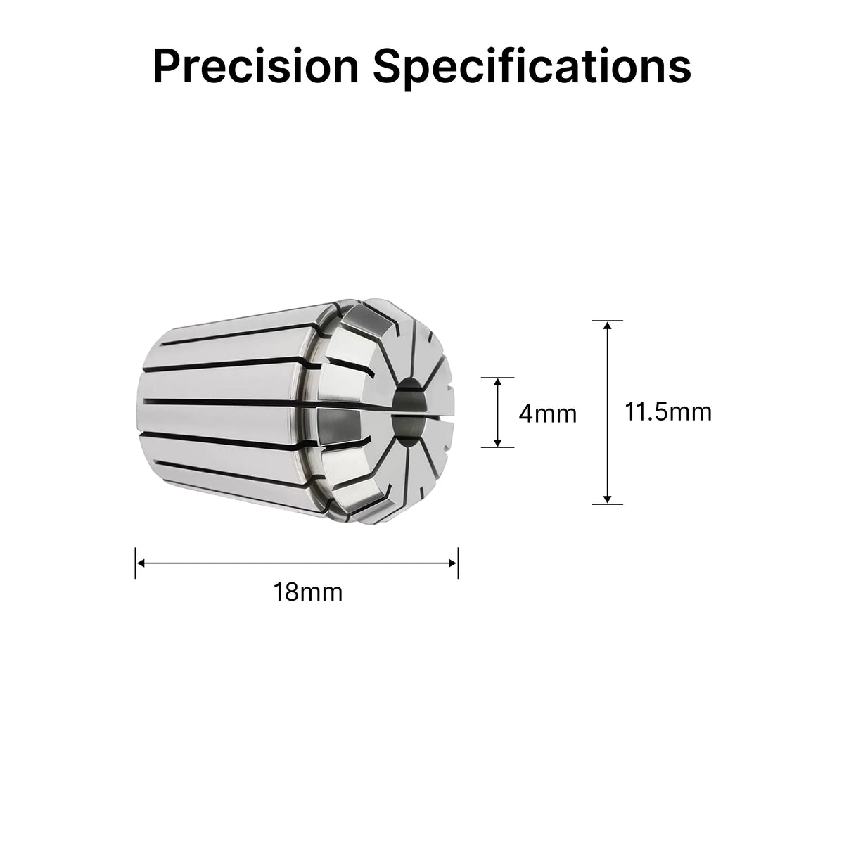 Dimensional specifications diagram of the ER11 collet with a 4mm inner diameter and 18mm overall length.