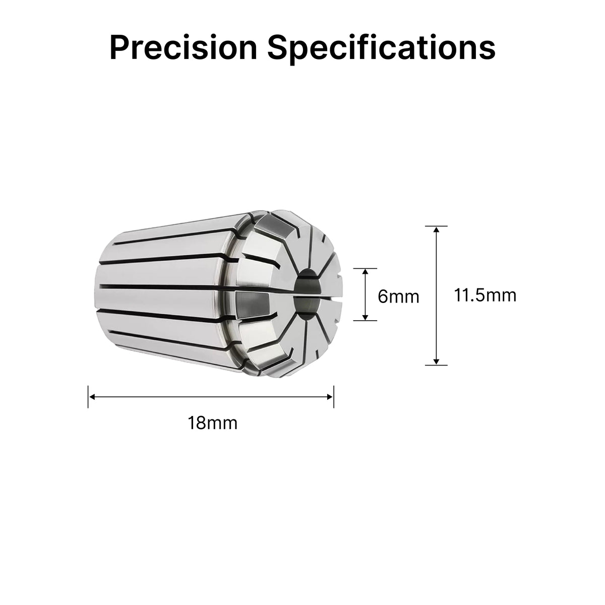  Dimensional specifications diagram of the ER11 collet with a 6mm inner diameter and 18mm overall length.