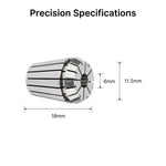  Dimensional specifications diagram of the ER11 collet with a 6mm inner diameter and 18mm overall length.