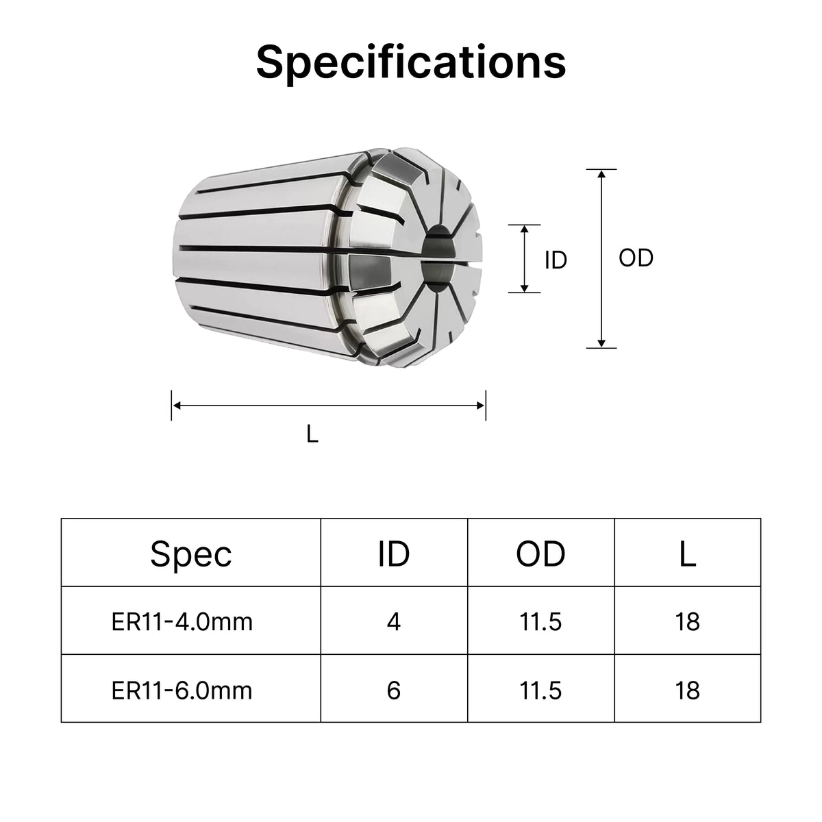 Specifications and size chart for MAXMAKE ER11 spring collets in 4mm and 6mm sizes.
