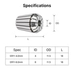 Specifications and size chart for MAXMAKE ER11 spring collets in 4mm and 6mm sizes.