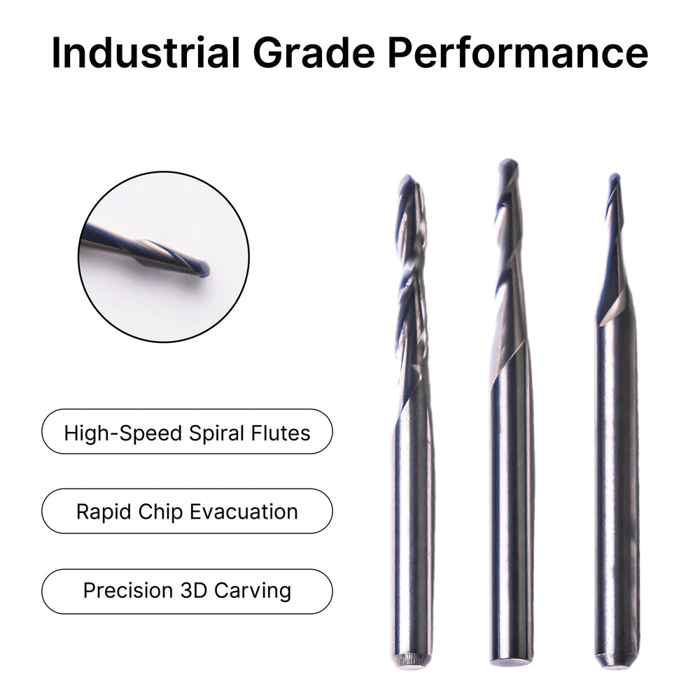 Industrial 2-Flute Spiral Ball Nose CNC Bit with Rapid Chip Evacuation for Precision 3D Wood and Acrylic Carving
