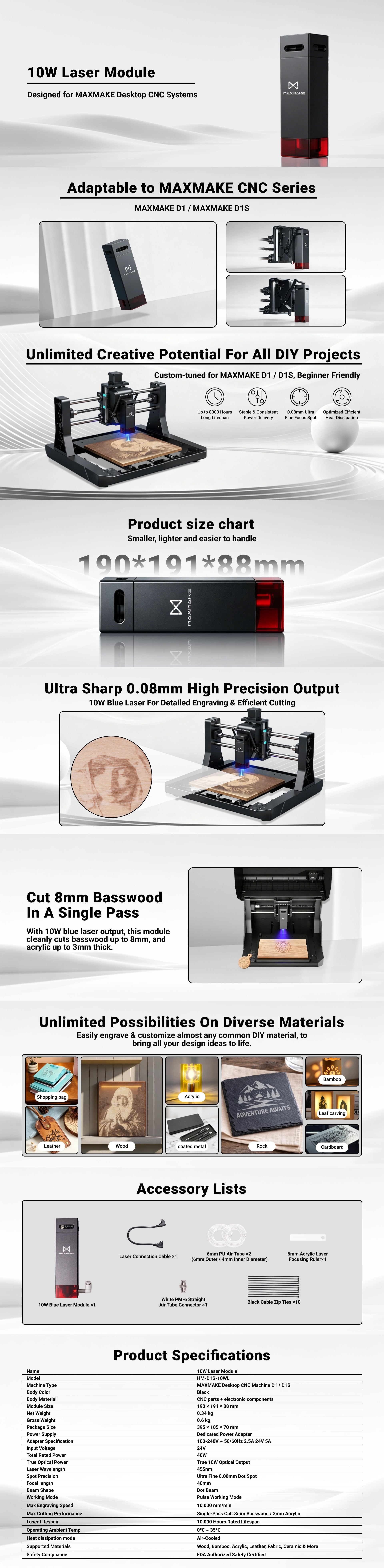 Comprehensive features of the MAXMAKE 10W Laser Module: 0.08mm precision, 8mm single-pass cutting, and versatile material compatibility.