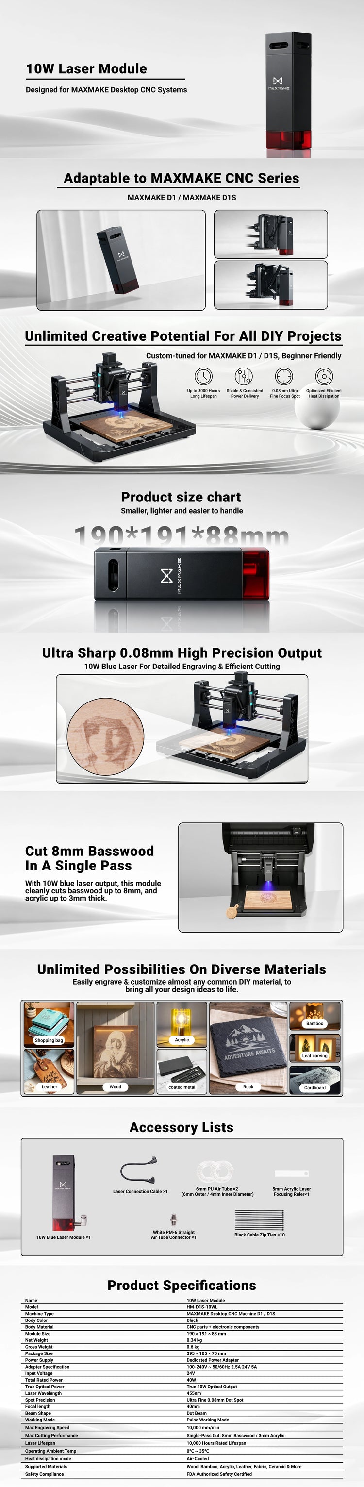 Comprehensive features of the MAXMAKE 10W Laser Module: 0.08mm precision, 8mm single-pass cutting, and versatile material compatibility.