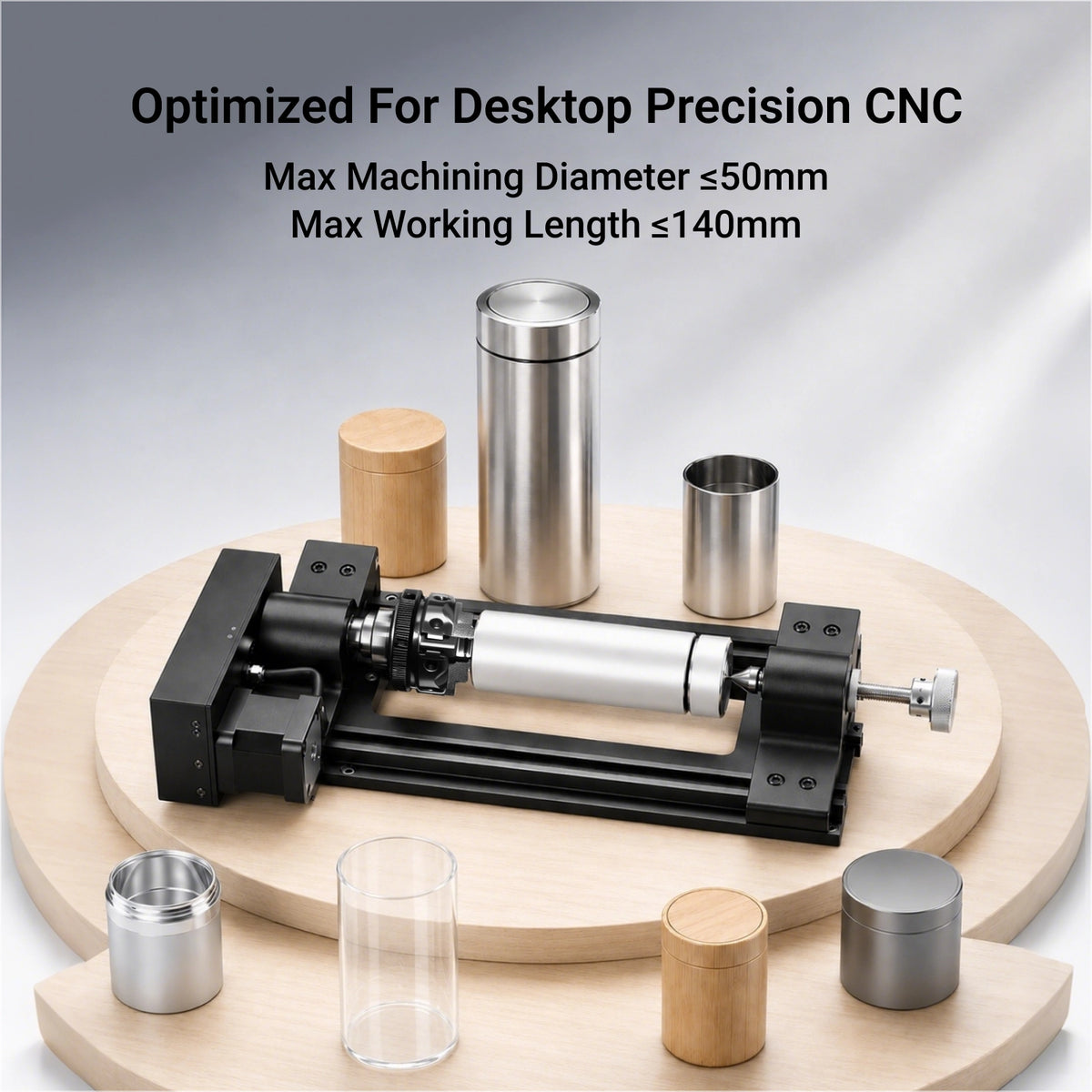 MAXMAKE 4th axis module optimized for desktop precision CNC – maximum machining diameter ≤50mm and maximum working length ≤140mm for cylindrical workpieces.