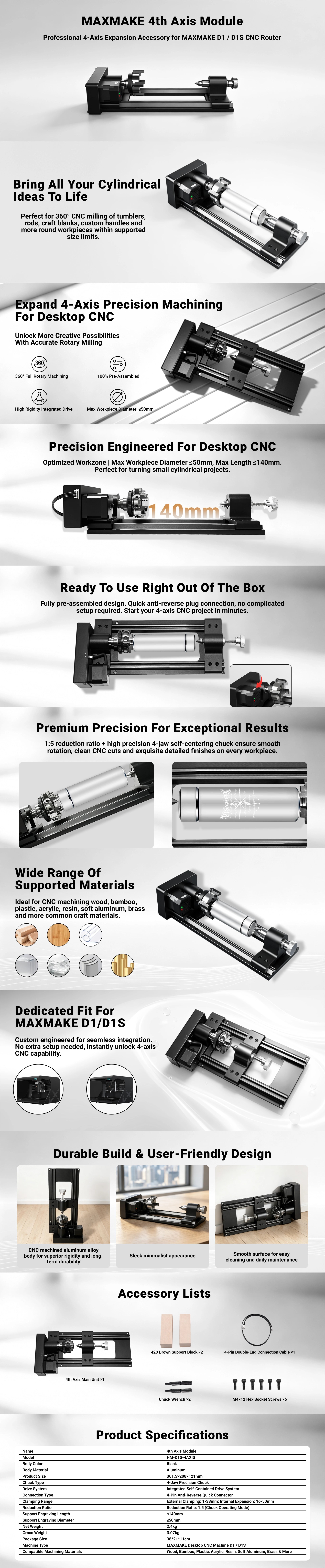 MAXMAKE 4th Axis Module for D1 and D1S desktop CNC router – professional 4-axis expansion accessory for 360° rotary milling of cylindrical workpieces like tumblers, rods, and craft blanks, with pre-assembled design and 1:5 reduction ratio.