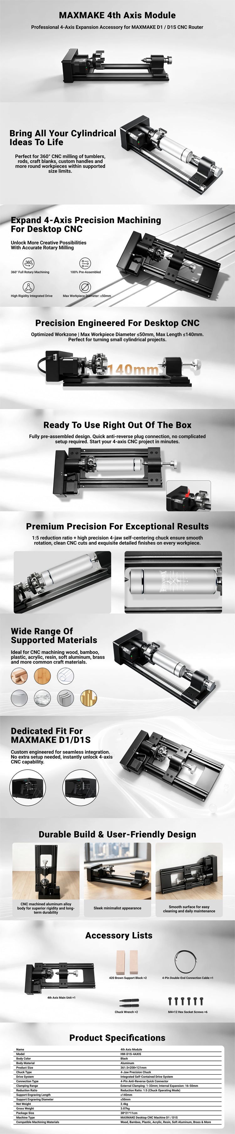 MAXMAKE 4th Axis Module for D1 and D1S desktop CNC router – professional 4-axis expansion accessory for 360° rotary milling of cylindrical workpieces like tumblers, rods, and craft blanks, with pre-assembled design and 1:5 reduction ratio.