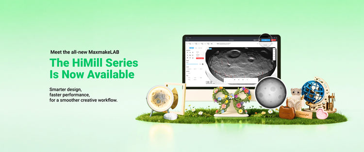 "MaxmakeLAB software launch banner featuring the all-new MaxmakeLAB CAM interface and finished HiMill CNC projects, showcasing smarter design and faster performance for the Maxmake HiMill Series desktop CNC machines"