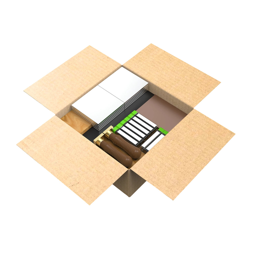 MAXMAKE CNC Starter Kit contents including aluminum, epoxy board, copper-clad laminate, and various CNC router bits for metal and non-metal carving.