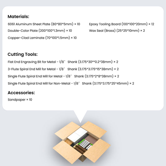 MAXMAKE CNC Starter Kit contents including aluminum, epoxy board, copper-clad laminate, and various CNC router bits for metal and non-metal carving.