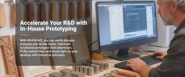 Engineer using MAXMAKE desktop CNC for aluminum and PCB rapid prototyping.
