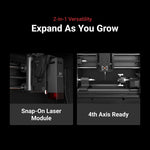 MAXMAKE HiMill D1 2-in-1 desktop CNC versatility, featuring an optional snap-on laser module and 4th axis rotary capability.