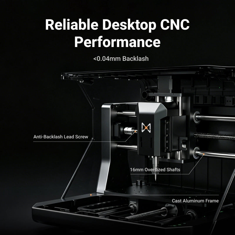 Reliable performance of the MAXMAKE HiMill D1 desktop CNC, highlighting anti-backlash lead screws, 16mm oversized shafts, and a solid cast aluminum frame for <0.04mm backlash.