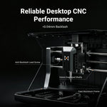 Reliable performance of the MAXMAKE HiMill D1 desktop CNC, highlighting anti-backlash lead screws, 16mm oversized shafts, and a solid cast aluminum frame for <0.04mm backlash.