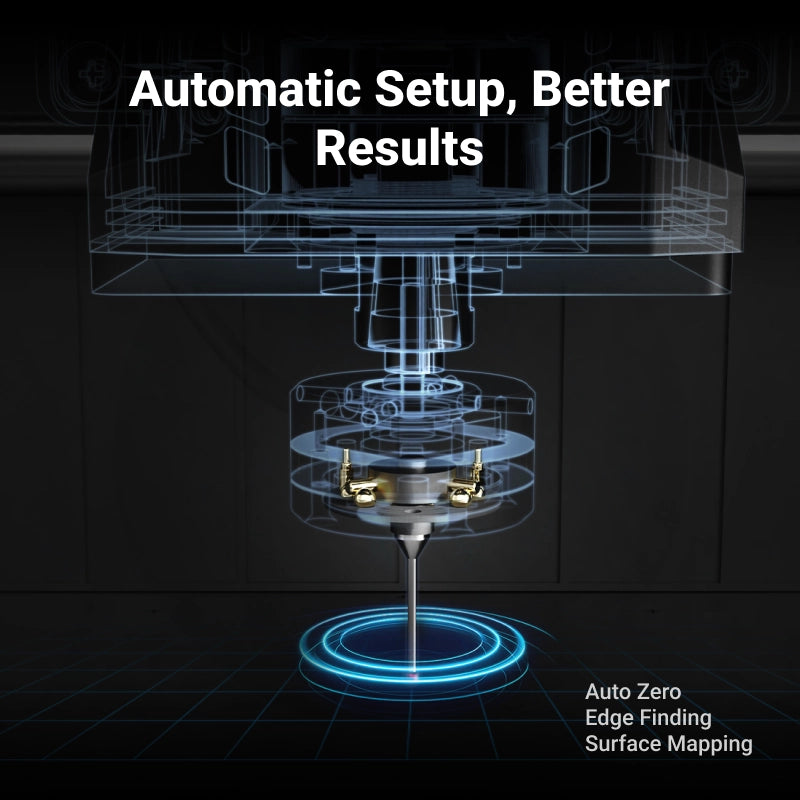 Automatic setup features on the MAXMAKE HiMill D1 desktop CNC, including auto zero, edge finding, and surface mapping for better precision.