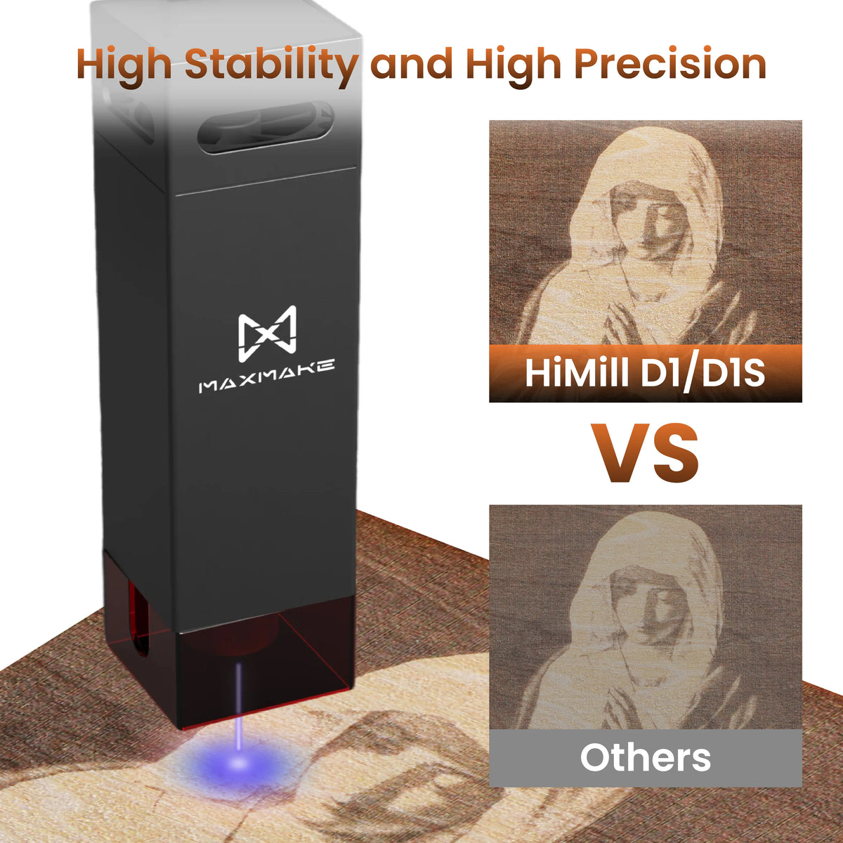 MAXMAKE HiMill D1 and D1S laser engraving module demonstrating high stability and precision on wood portraits compared to basic desktop CNCs.