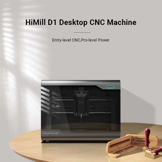 "MAXMAKE HiMill D1 Desktop CNC Machine product card, entry-level CNC with pro-level power, shown on a wooden table with custom wood stamp projects"