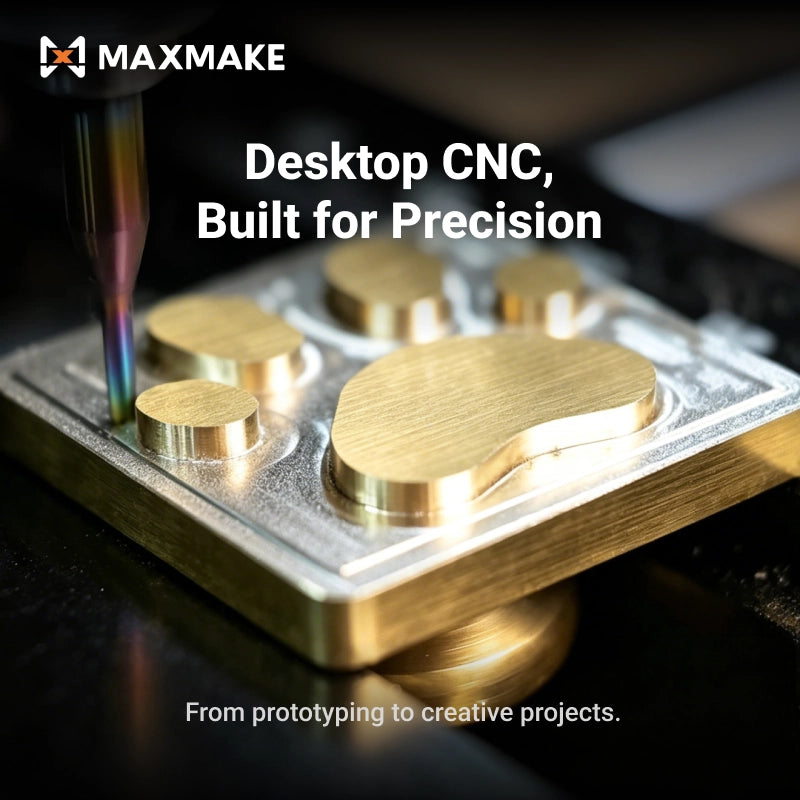 Close-up of the MAXMAKE HiMill desktop CNC machine milling a custom brass part, showcasing high precision for prototyping and creative projects.