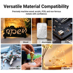 MAXMAKE HiMill D1 desktop CNC router machining various materials including wood, acrylic, PCB, brass, and aluminum with ease.