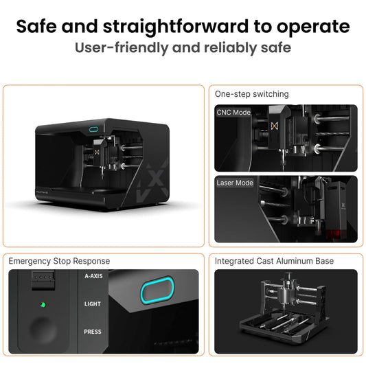 Maxmake HiMill D1: safe hybrid CNC for milling, engraving & cutting. Features emergency stop and stable aluminum base.
