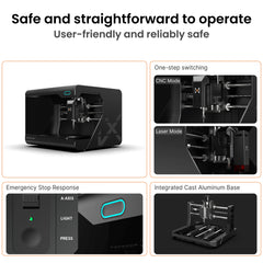 Maxmake HiMill D1: safe hybrid CNC for milling, engraving & cutting. Features emergency stop and stable aluminum base.