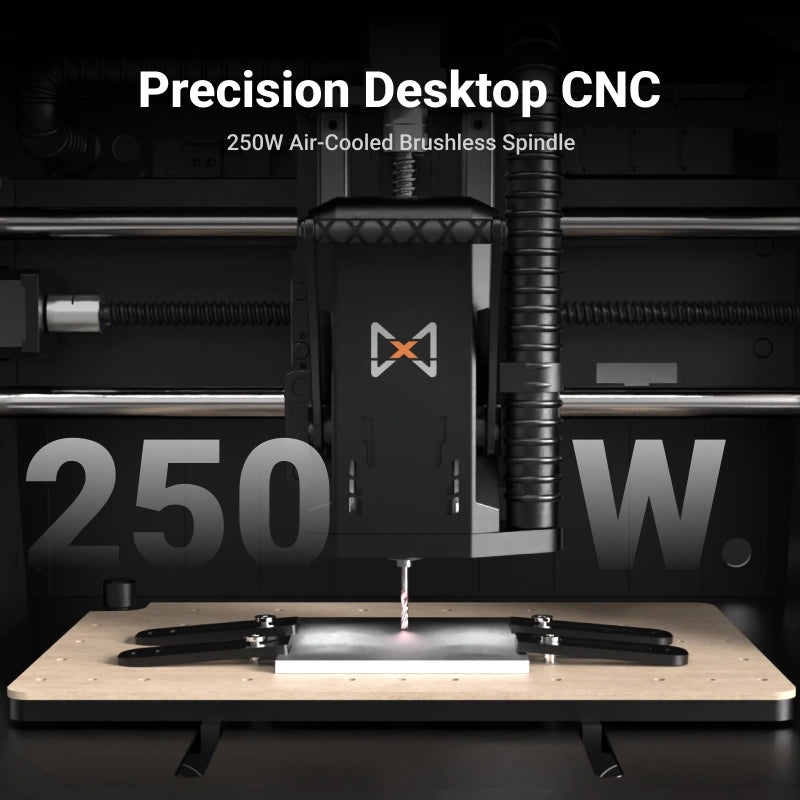 Powerful 250W air-cooled brushless spindle on the MAXMAKE HiMill D1S desktop CNC, designed for unmatched cutting power on tough metals.