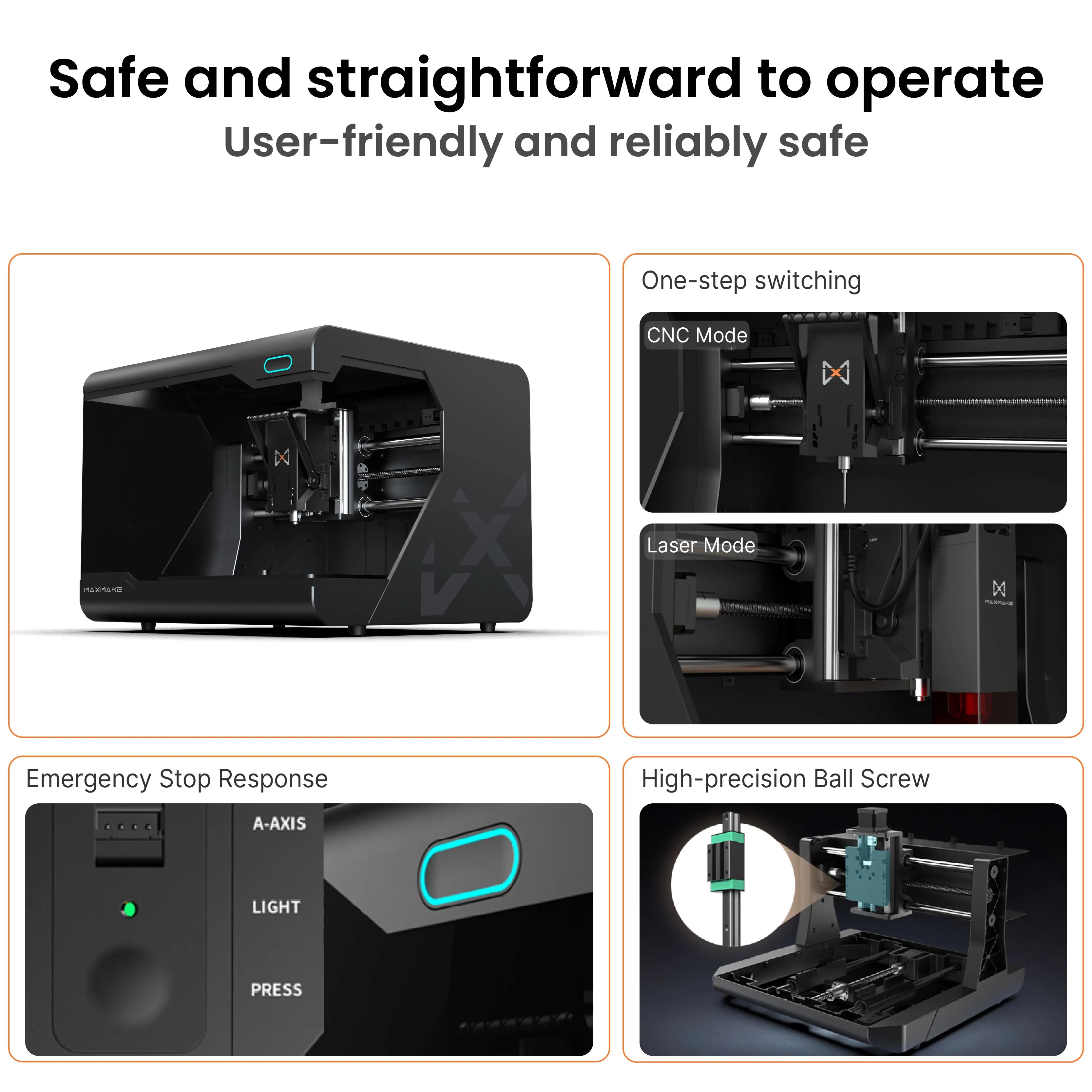 Maxmake HiMill D1S ball screw CNC for milling, engraving & cutting. Interchangeable CNC & laser heads with emergency stop.
