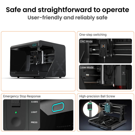 Maxmake HiMill D1S ball screw CNC for milling, engraving & cutting. Interchangeable CNC & laser heads with emergency stop.
