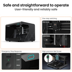 Maxmake HiMill D1S ball screw CNC for milling, engraving & cutting. Interchangeable CNC & laser heads with emergency stop.
