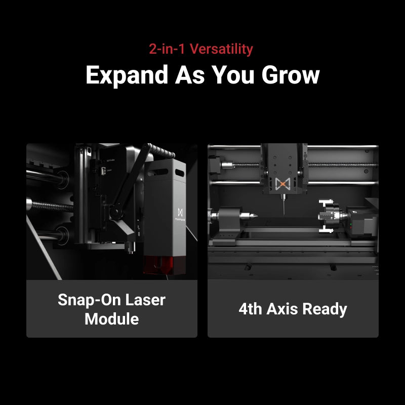 MAXMAKE HiMill D1S 2-in-1 desktop CNC expandability, featuring a snap-on laser engraving module and 4th axis rotary machining readiness.
