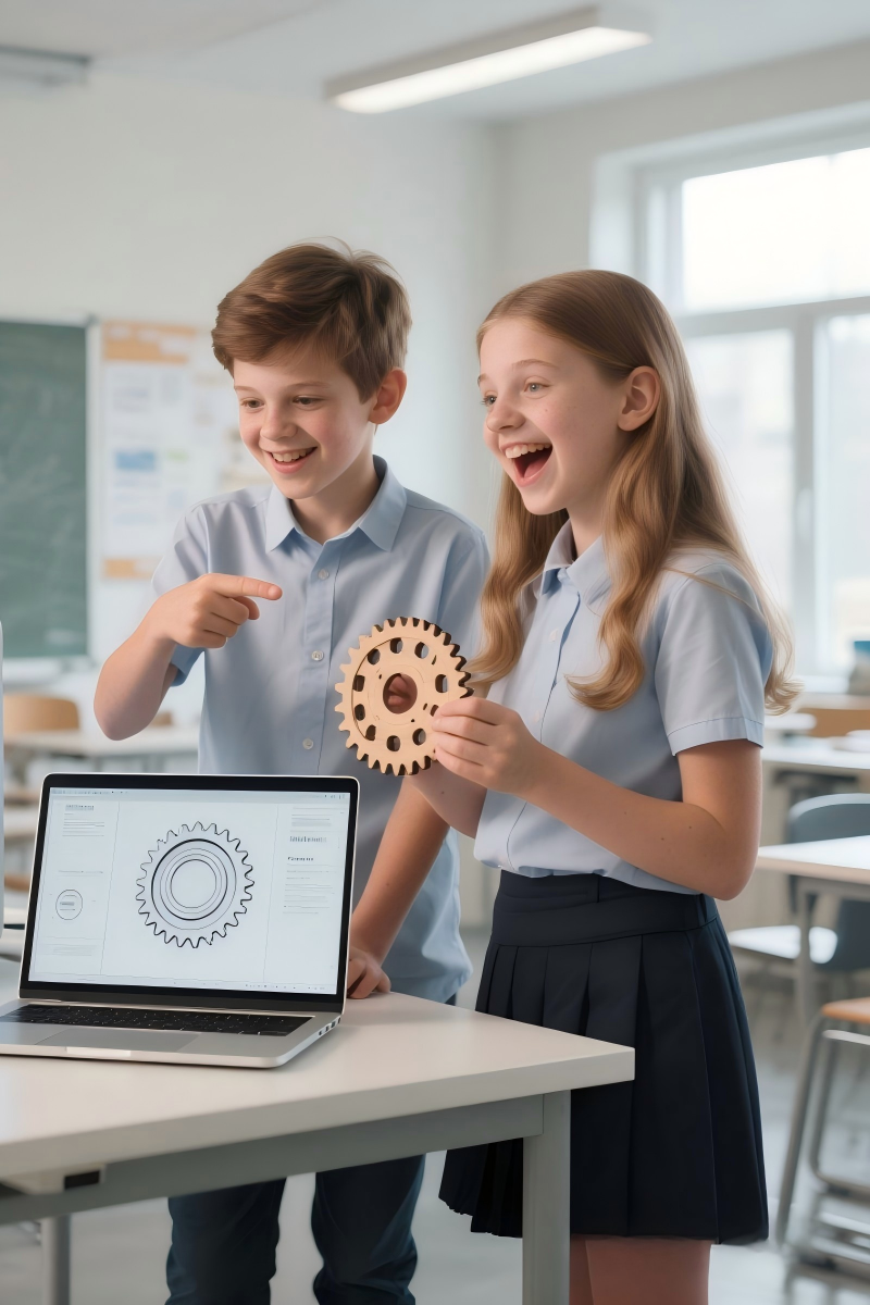 "K12 students learning CNC machining with Maxmake's intuitive CAM software for HiMill D1S desktop CNC, classroom education scene showing easy-to-learn tools"
