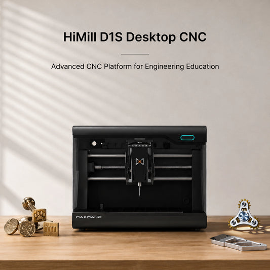 The MAXMAKE HiMill D1S desktop CNC machine, an advanced platform for engineering education, displaying milled metal projects including brass stamps and an aluminum fidget spinner.